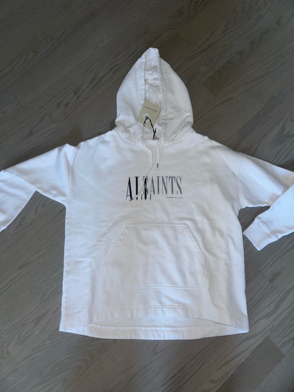 All Saints White Hoodie with Gradient Black Logo